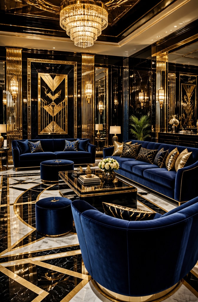 Art Deco Sapphire Blue Glam Living Room