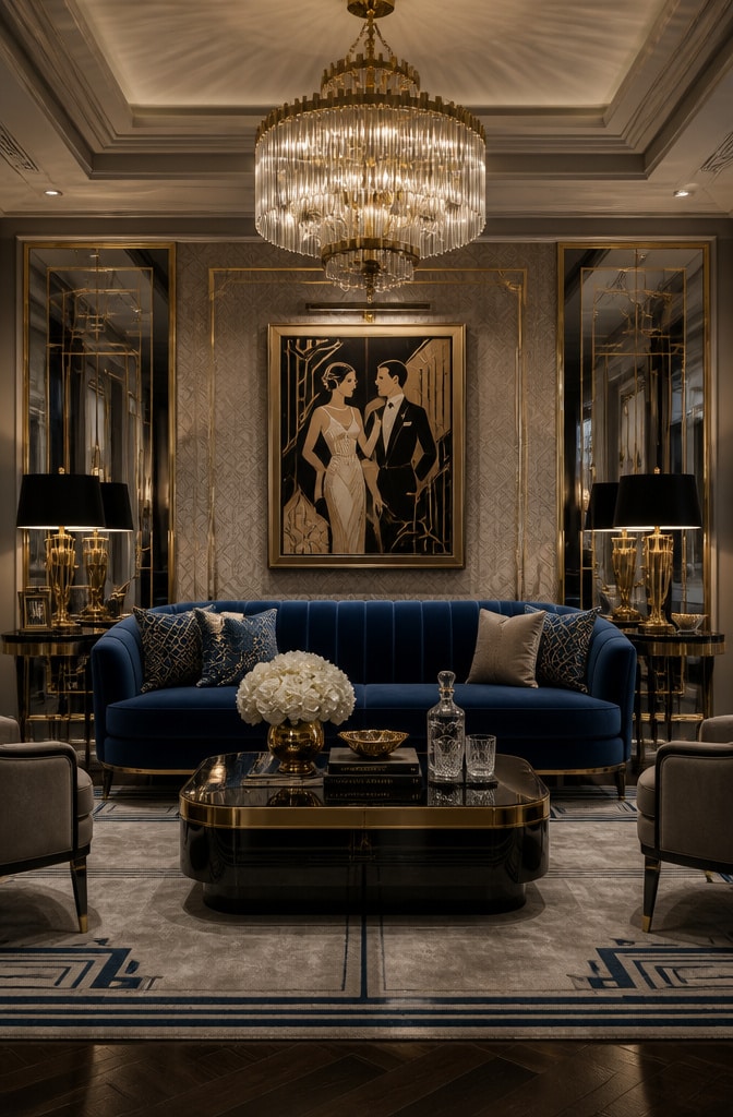 Art Deco Taupe and Sapphire Blue Lounge