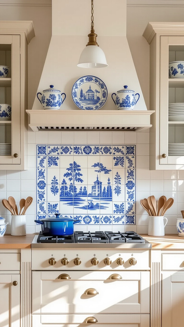 Blue and White Delft-Style Kitchen Tiles
