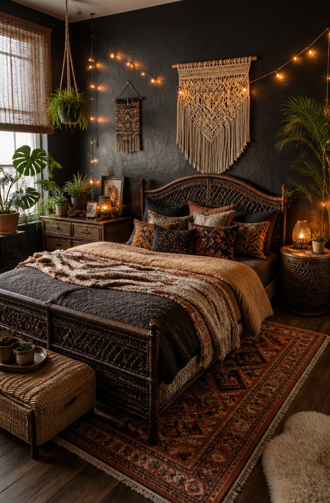 Bohemian Black and Earthy Brown Bedroom Oasis