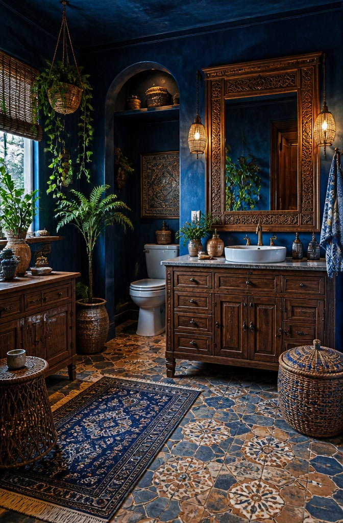Bohemian Blue and Brown Eclectic Bathroom