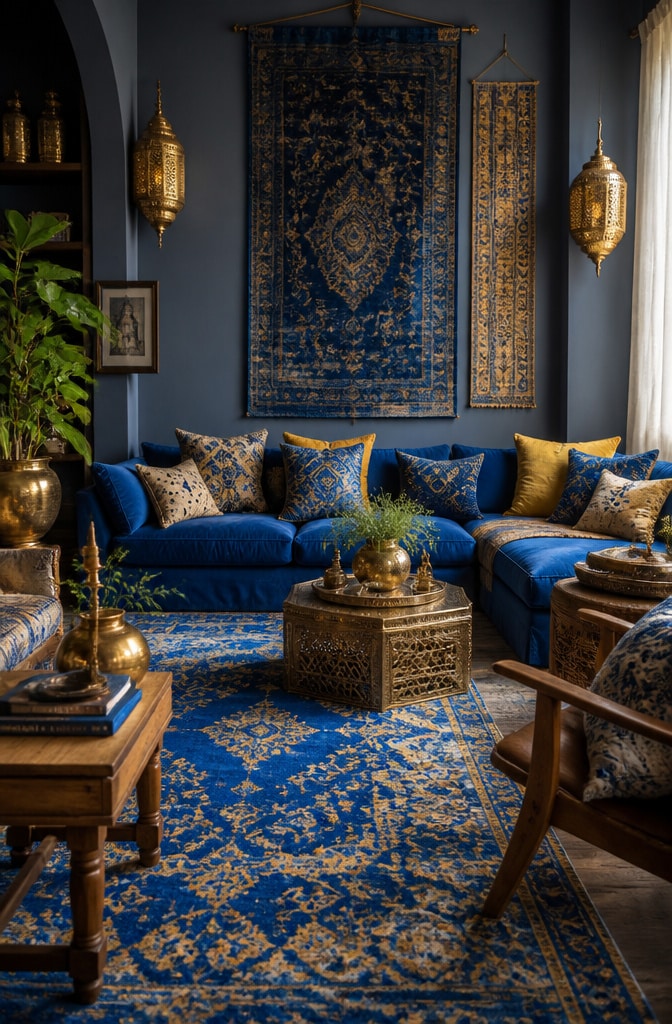 Bohemian Blue and Gold Eclectic Living Room