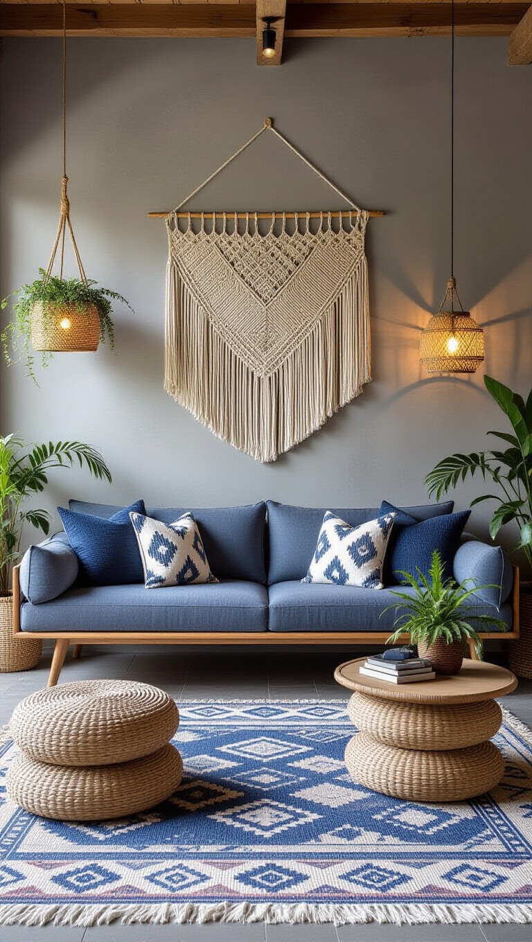 Bohemian Blue and Gray Eclectic Living Room