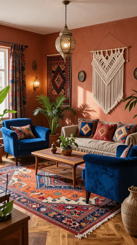 Bohemian Blue and Terracotta Eclectic Living Room