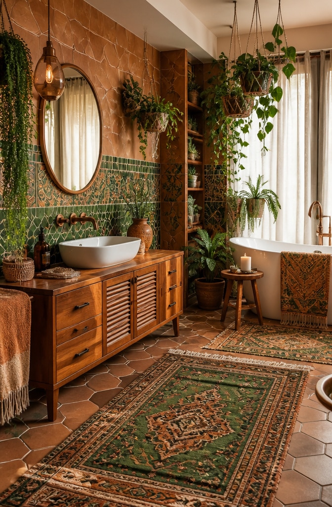 Bohemian Brown and Green Eclectic Bathroom