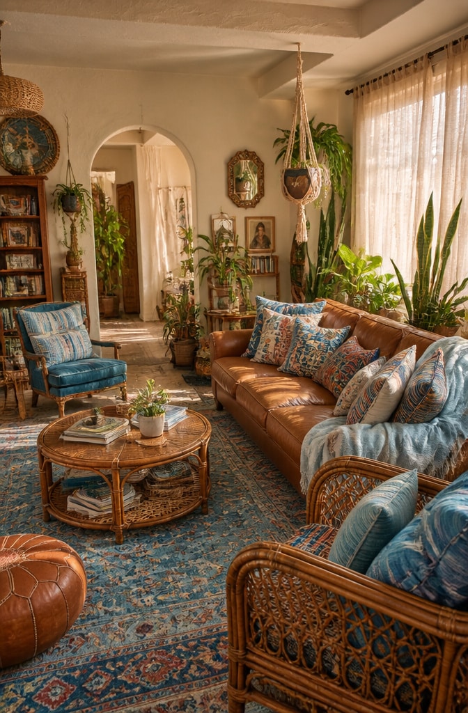 Bohemian Chic Light Blue and Earthy Brown Living Room