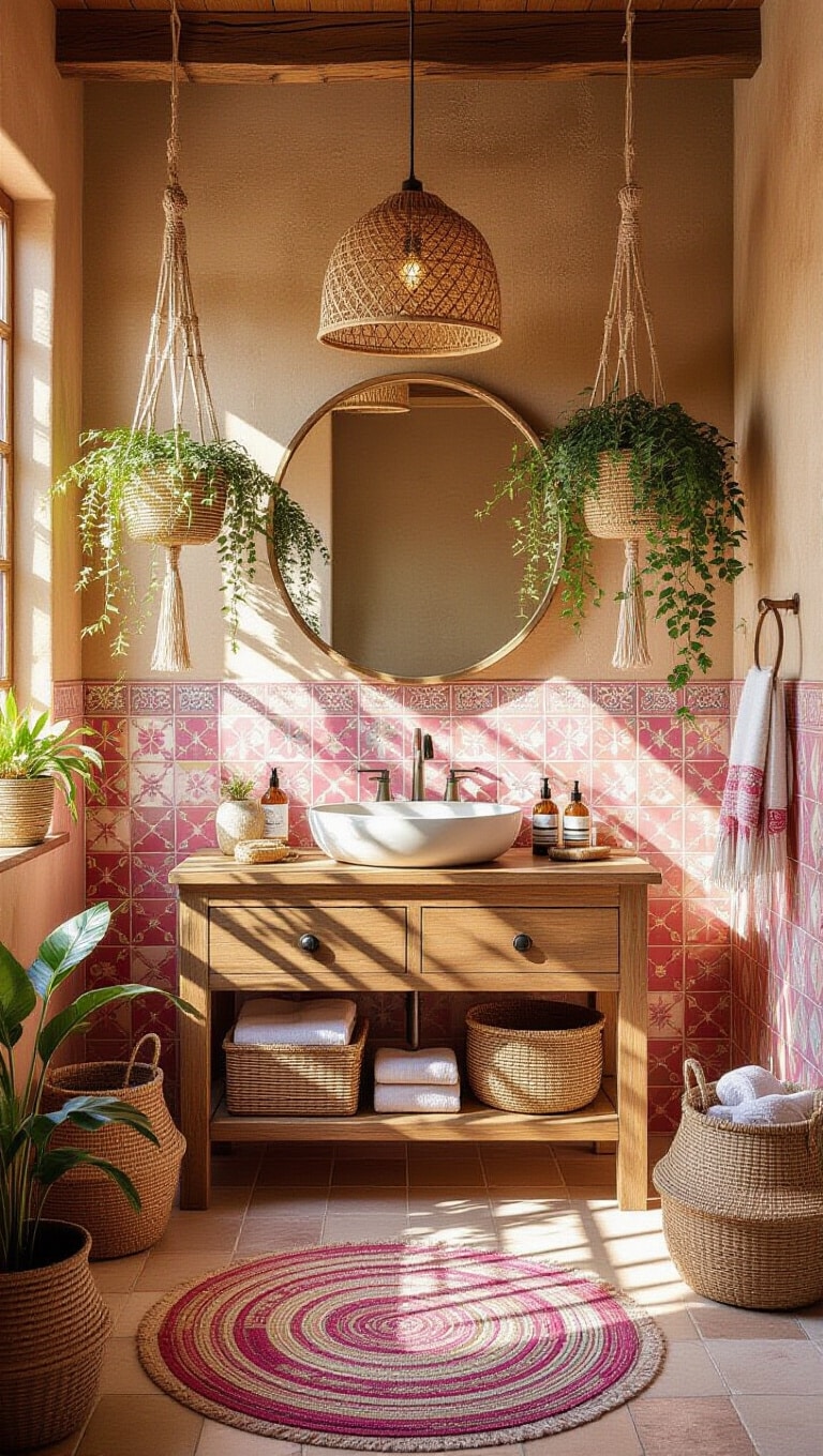 Bohemian Chic Pink and Brown Bathroom