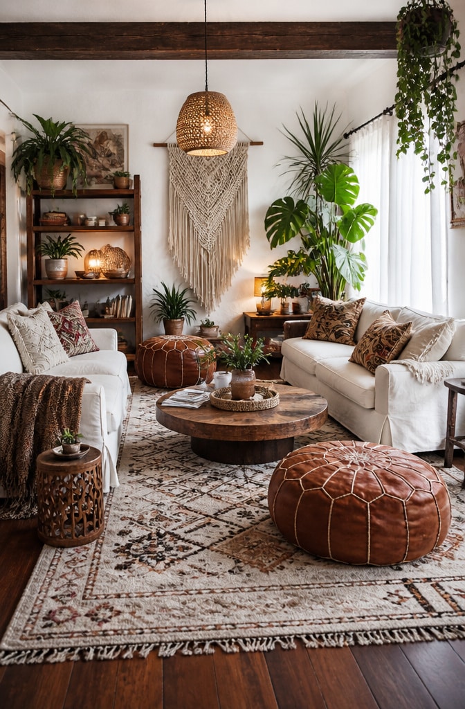 Bohemian Chic White and Brown Living Room