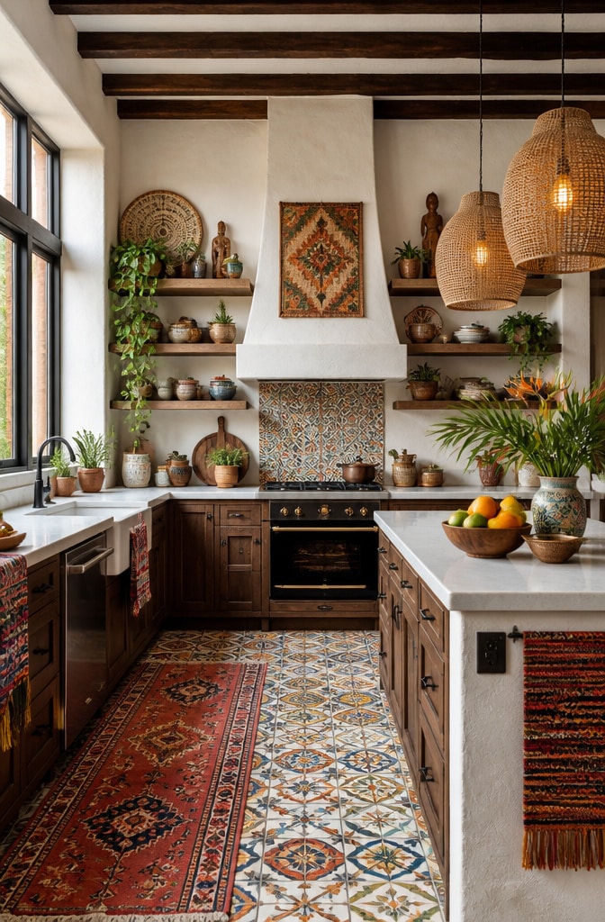 Bohemian Dark Brown and White Kitchen