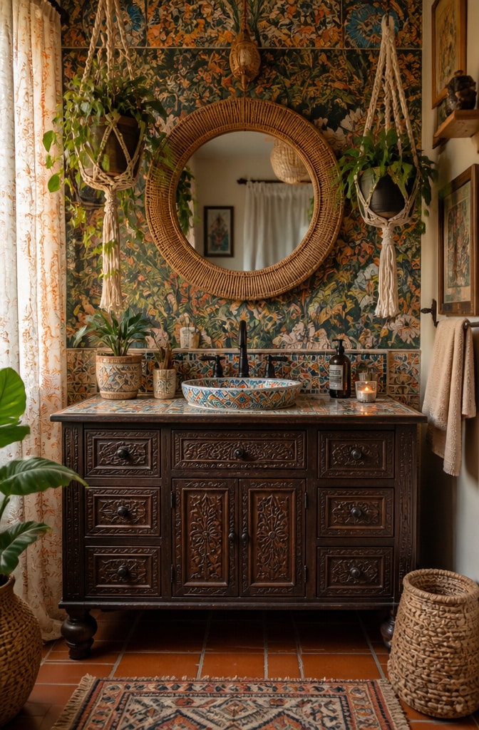 Bohemian Dark Brown Vanity with Eclectic Details