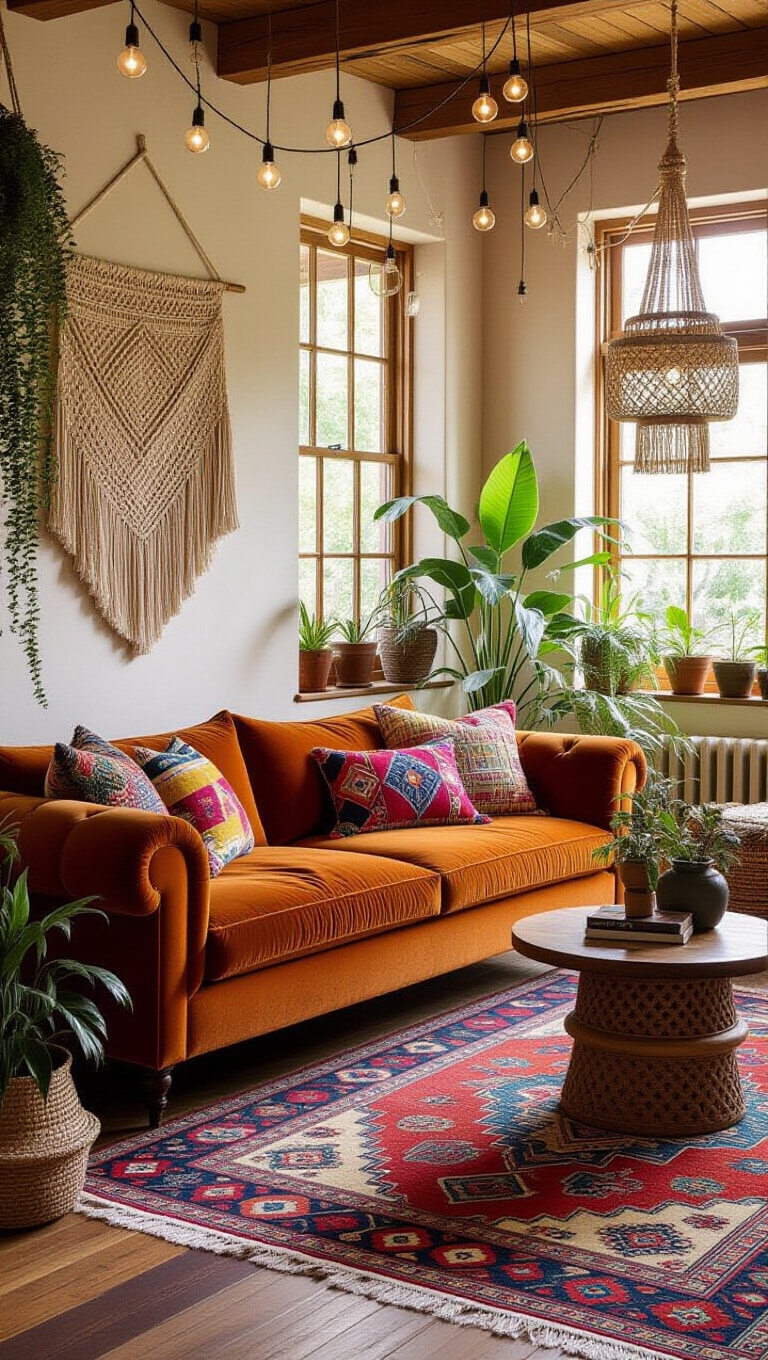 Bohemian Eclectic Brown Couch Living Room