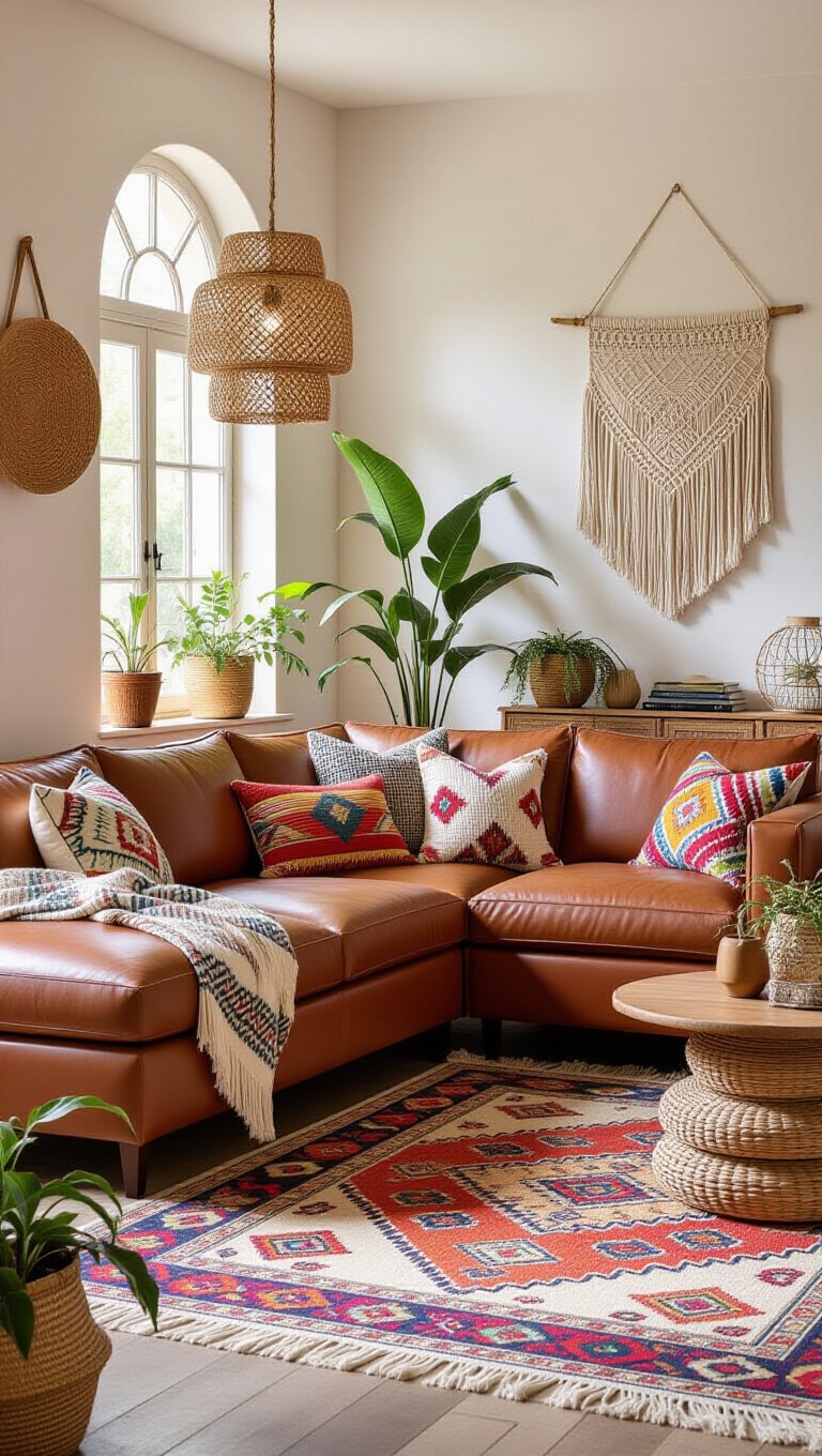 Bohemian Eclectic Brown Leather Sectional