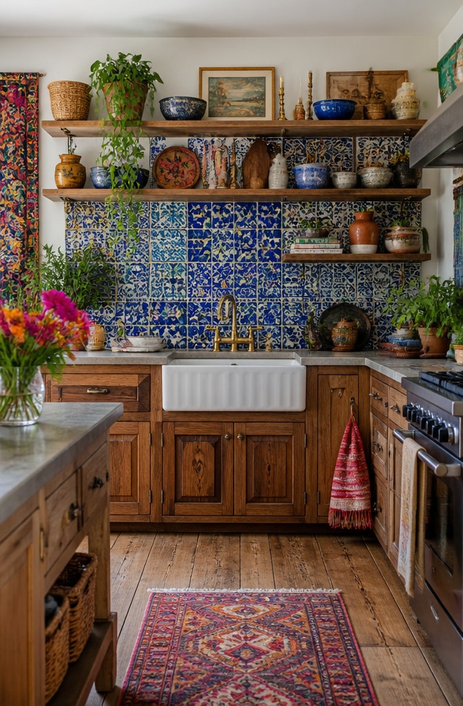 Bohemian Patterned Blue Tile Backsplash Kitchen