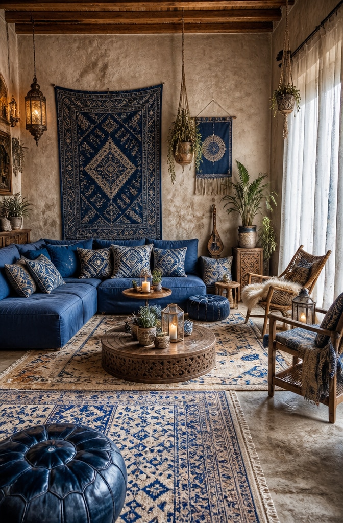 Bohemian Taupe and Blue Eclectic Living Room