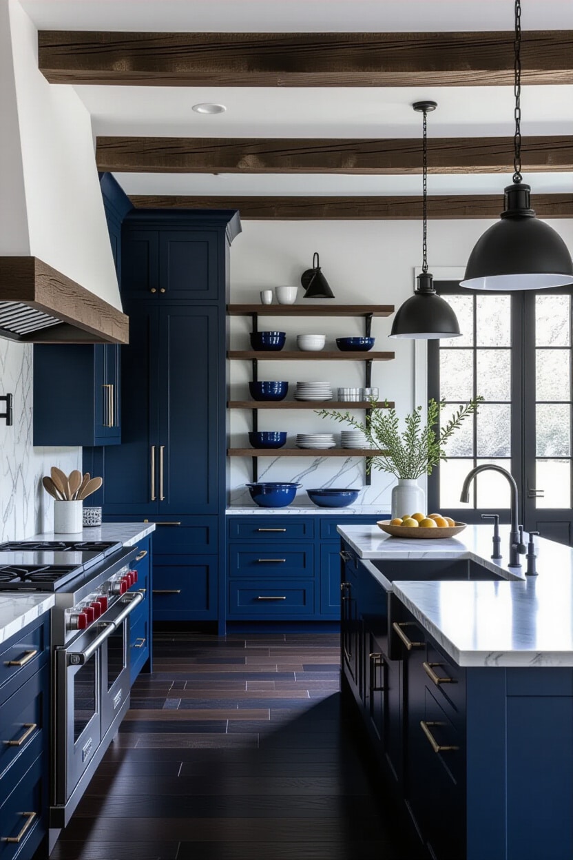 Bold Blue and Black French Country Kitchen