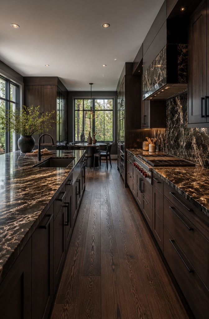 Bold Brown Marble Kitchen with Dark Wood Floors