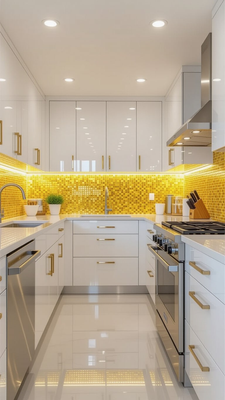 Bold Canary Yellow Mosaic Tile Kitchen