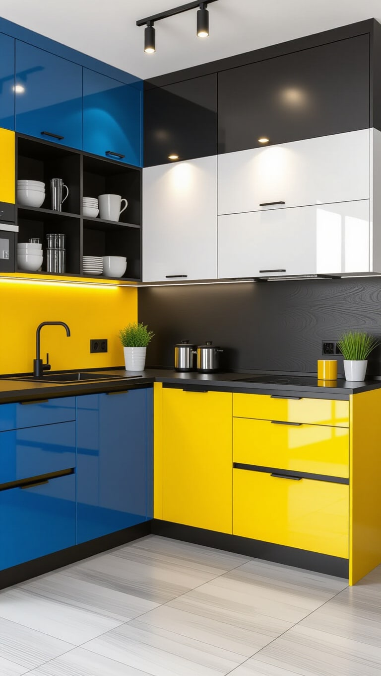 Bold Color-Blocked Kitchen Corner Counter