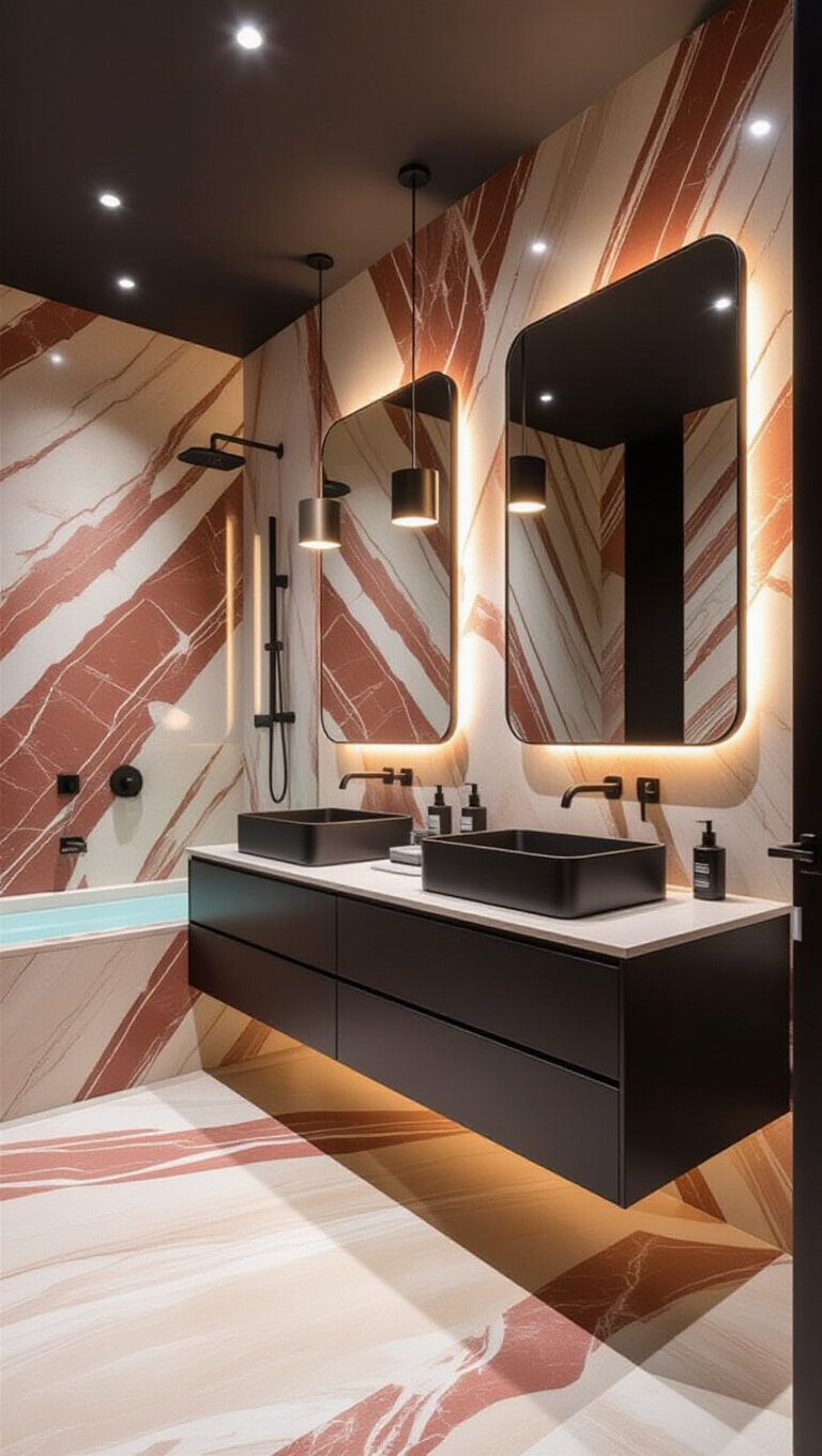 Bold Contemporary Red Travertine Statement Bathroom