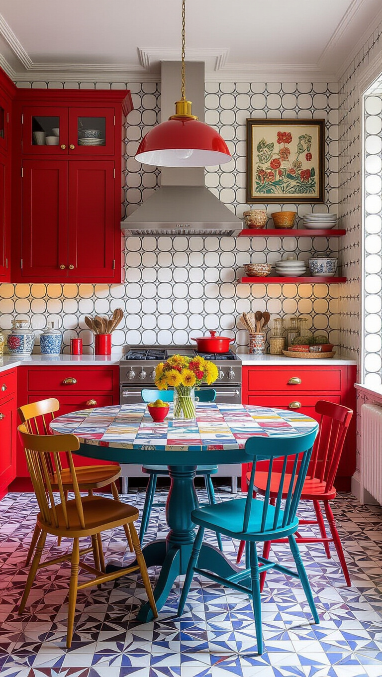 Bold Eclectic Red and White Kitchen