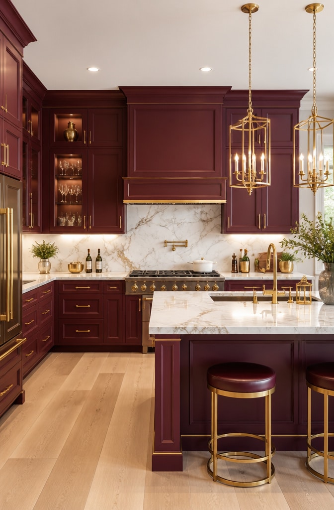 Bold Matte Burgundy Kitchen Cabinets with Gold Hardware