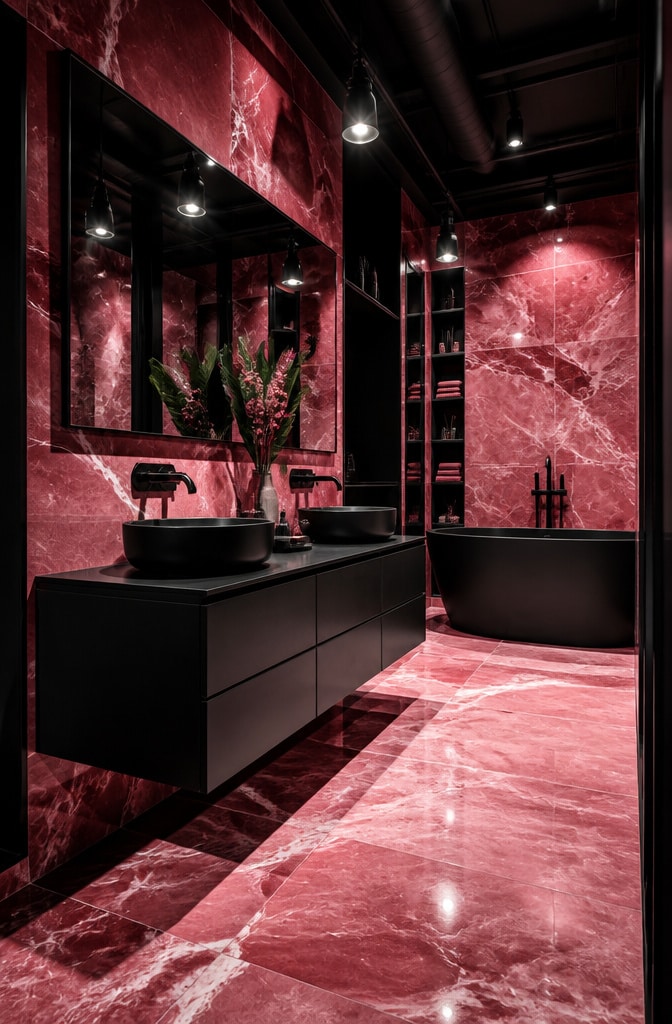 Bold Pink Marble and Black Contrast Bathroom