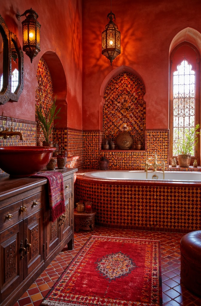 Bold Red Moroccan Style Bathroom