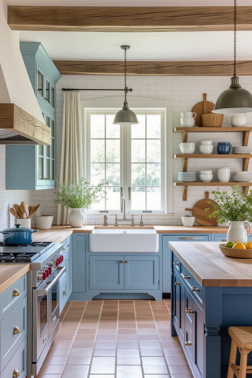 Bright Blue and Natural Wood French Country Kitchen