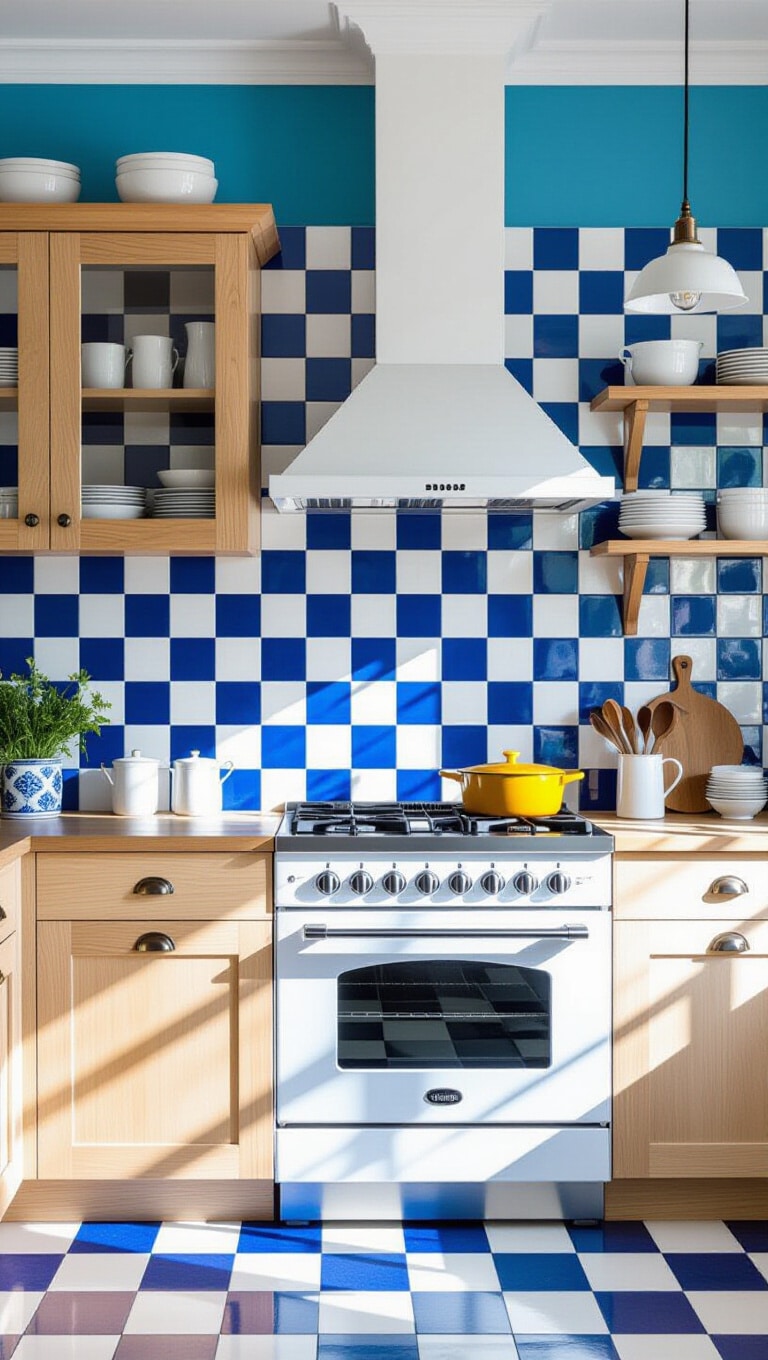 Bright Blue Ceramic Checkerboard Kitchen Tiles