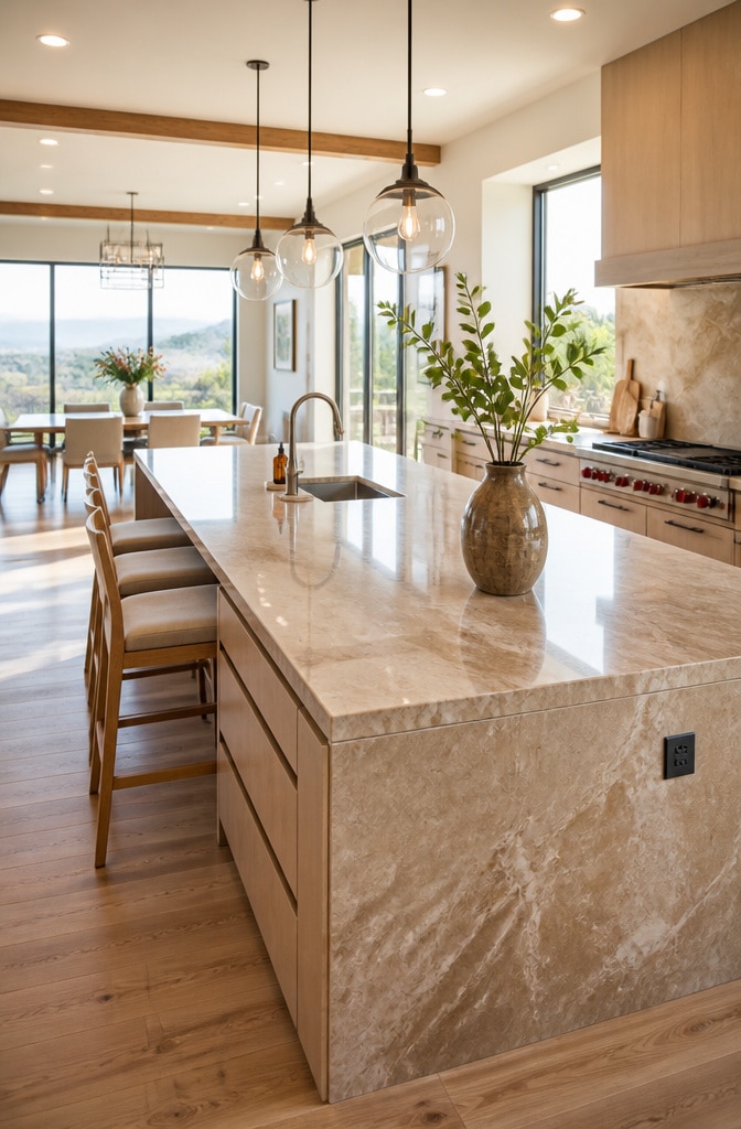 Bright Brown Marble Kitchen with Open Layout