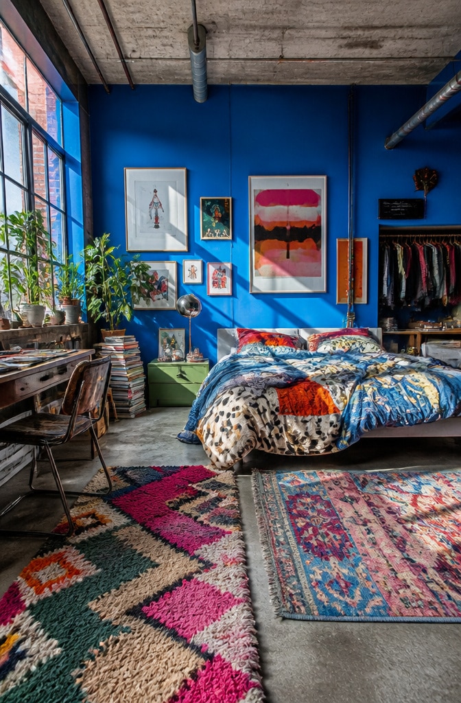 Bright Cerulean Blue Artistic Loft Bedroom