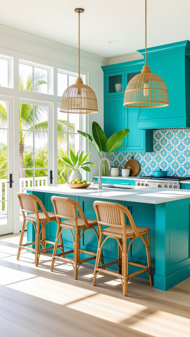 Bright Turquoise Tropical Kitchen