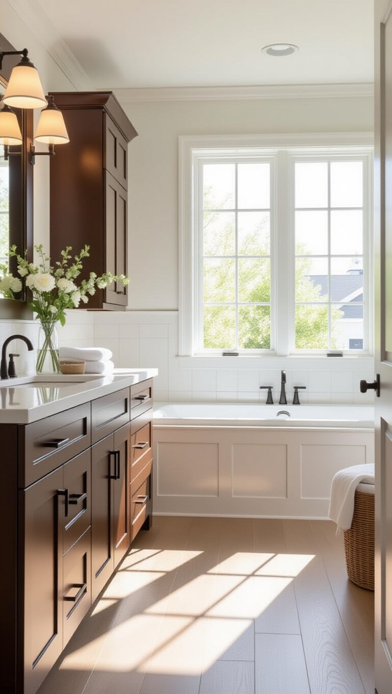 Bright White and Brown Cabinets Bathroom Contrast