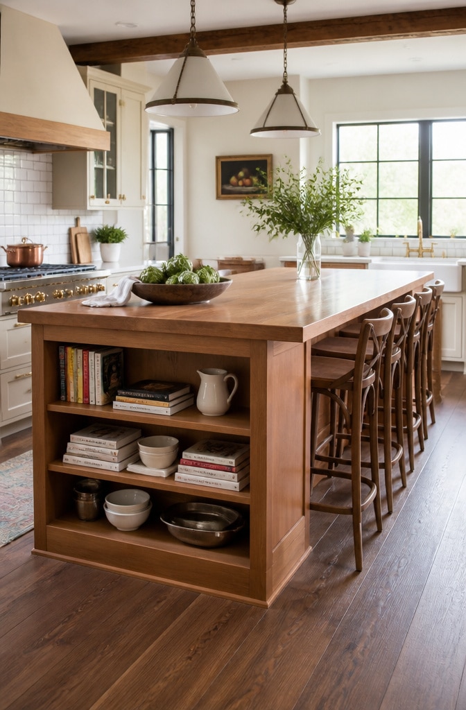Brown Kitchen Island with Open Shelving and Breakfast Bar