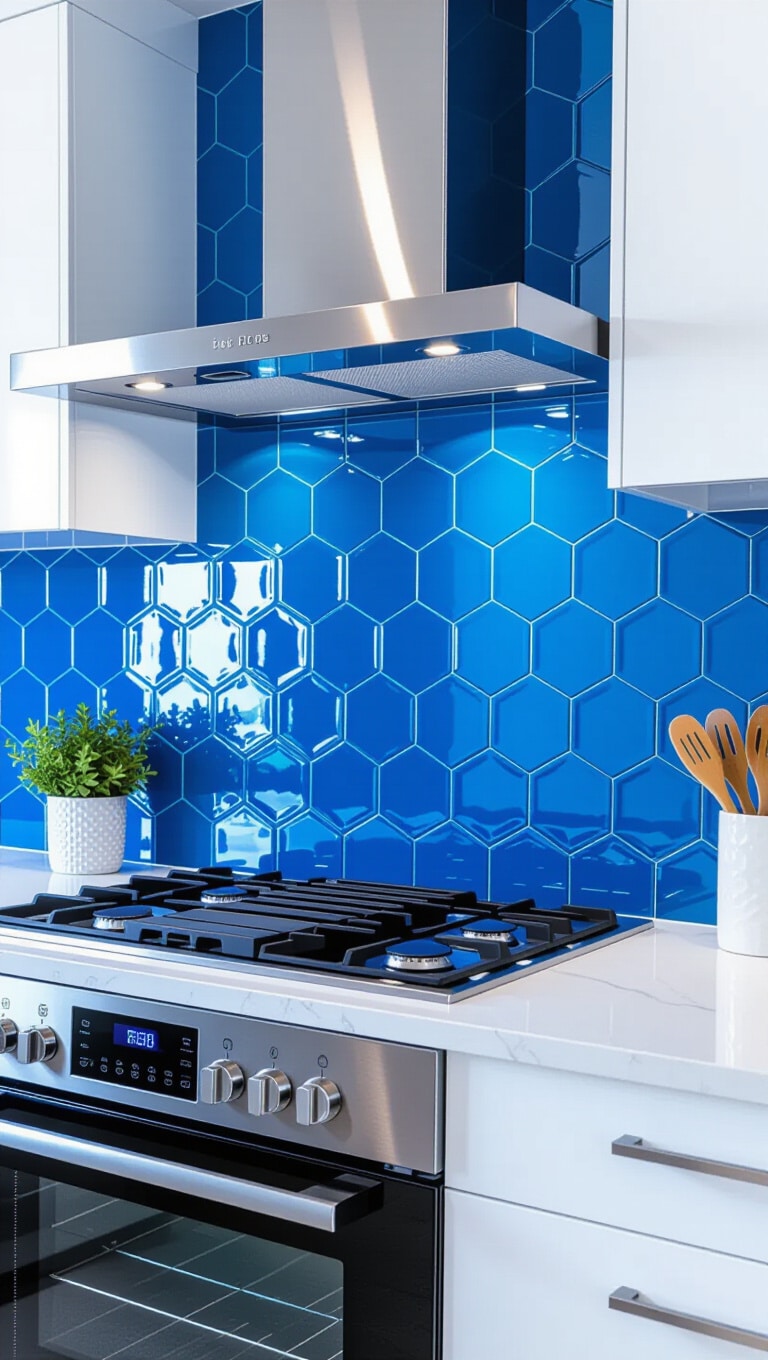 Cerulean Blue Glossy Hexagon Kitchen Tiles
