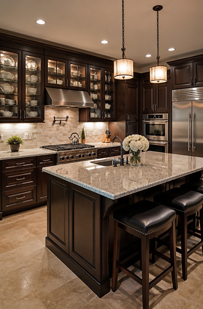Chocolate Brown Cabinets with Glass Front Doors