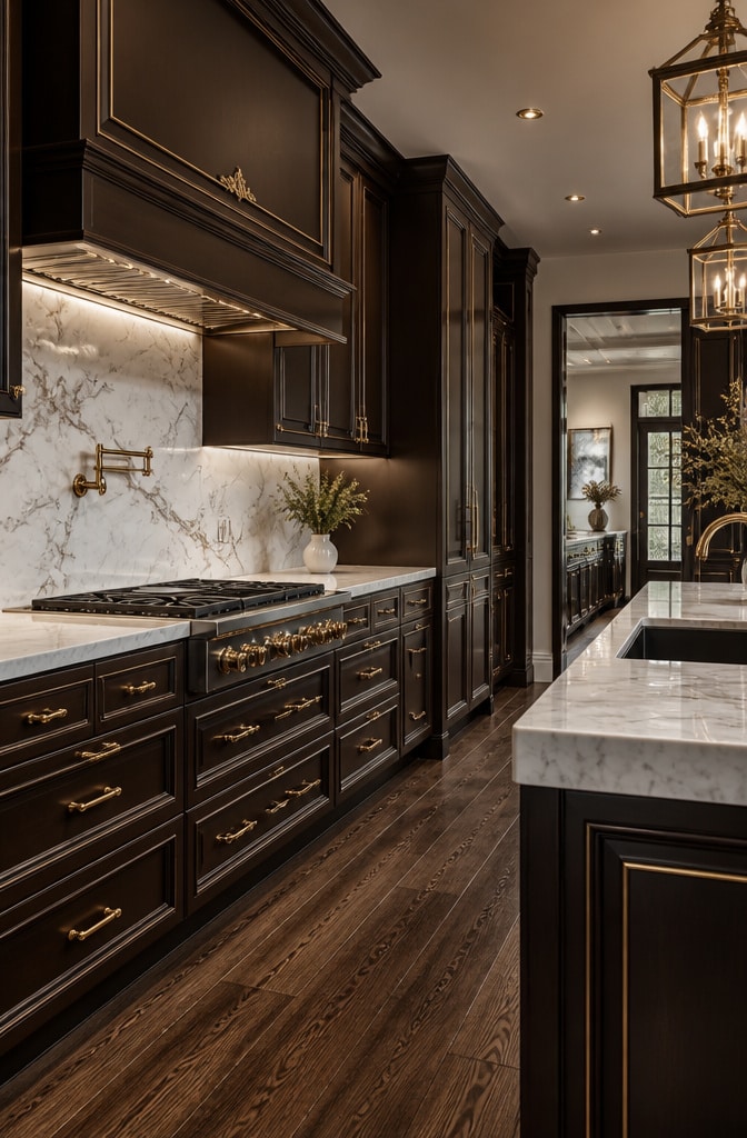 Chocolate Brown Cabinets with Gold Accents