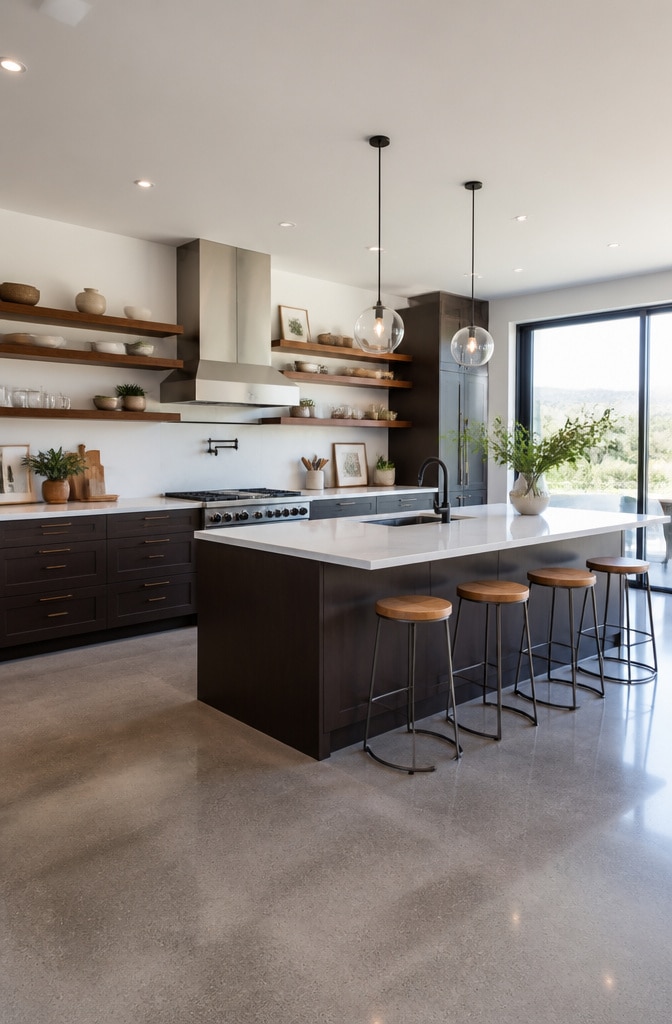 Chocolate Brown Cabinets with Open Shelving