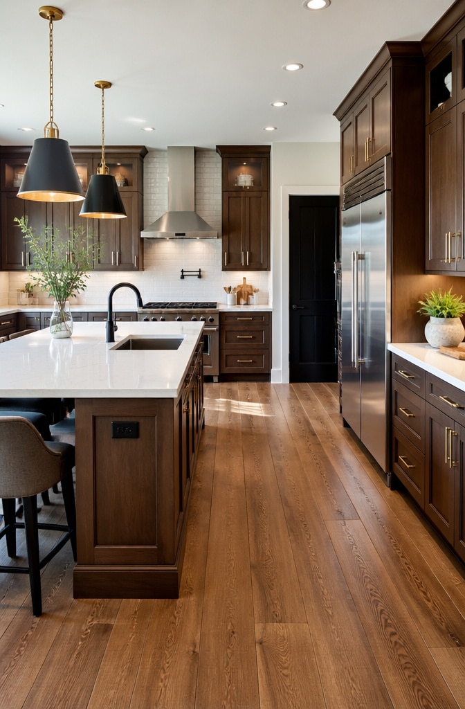 Chocolate Brown Cabinets with White Quartz Countertops