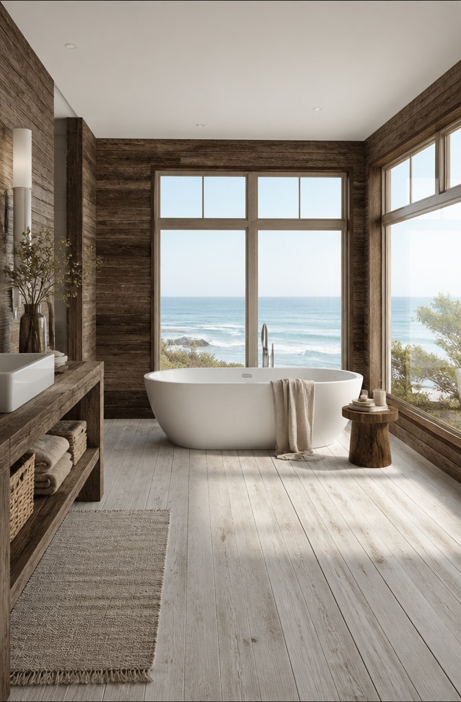 Chocolate Brown Minimal Rustic Beach Bathroom