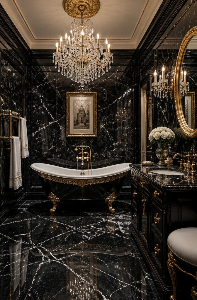 Classic Black Marble Bathroom with Gold Accents
