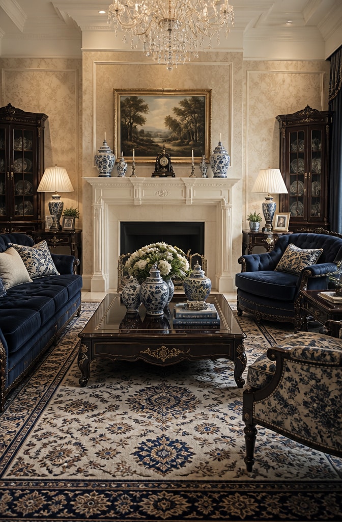 Classic Blue and Cream Traditional Living Room