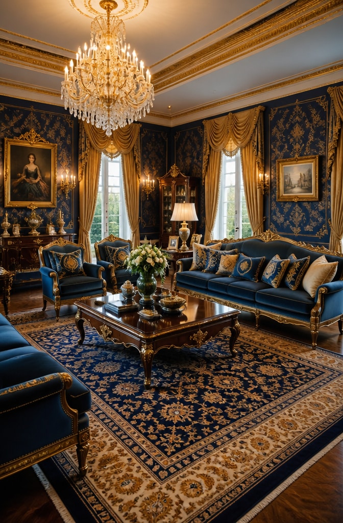 Classic Blue and Gold Traditional Living Room