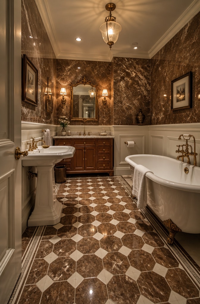 Classic Brown Marble Bathroom with Vintage Charm