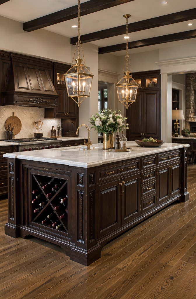 Classic Dark Brown Kitchen Island with Marble Top