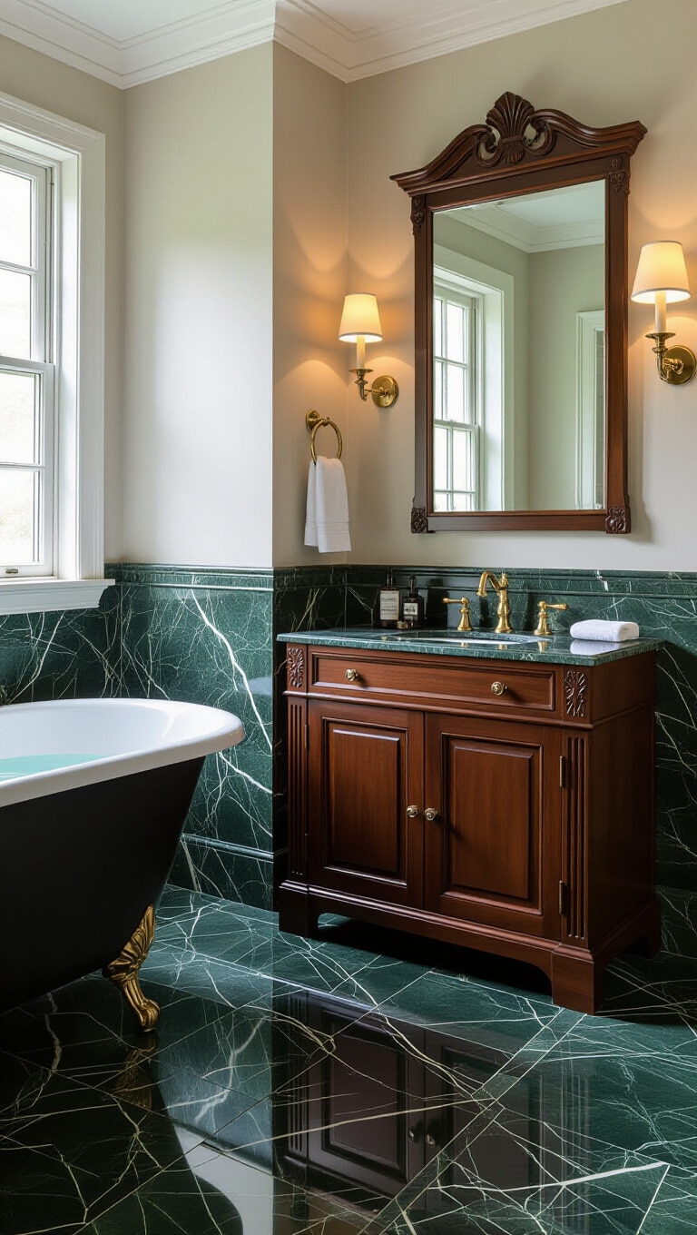 Classic Dark Marble Bathroom with Vintage Flair