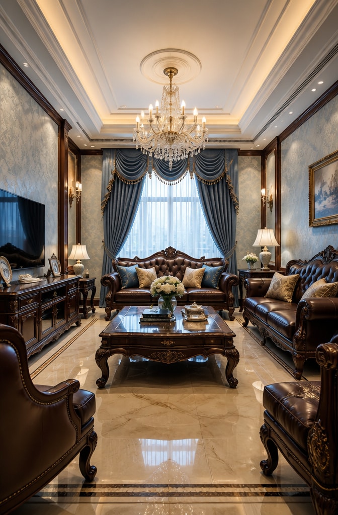 Classic Elegance Light Blue and Dark Brown Living Room