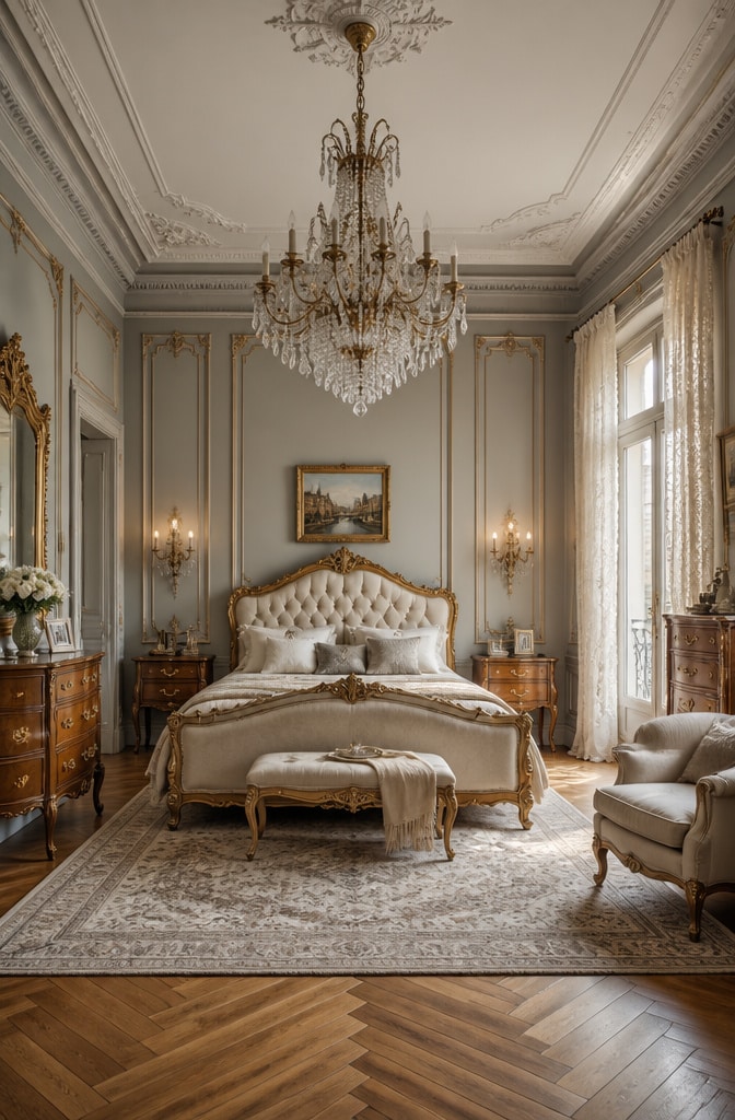 Classic French Gray and Beige Bedroom