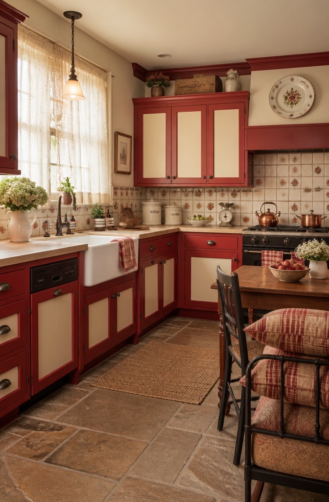 Classic Red and Cream Country Kitchen Cabinets