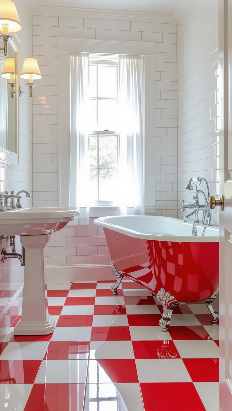 Classic Red and White Checkerboard Bathroom